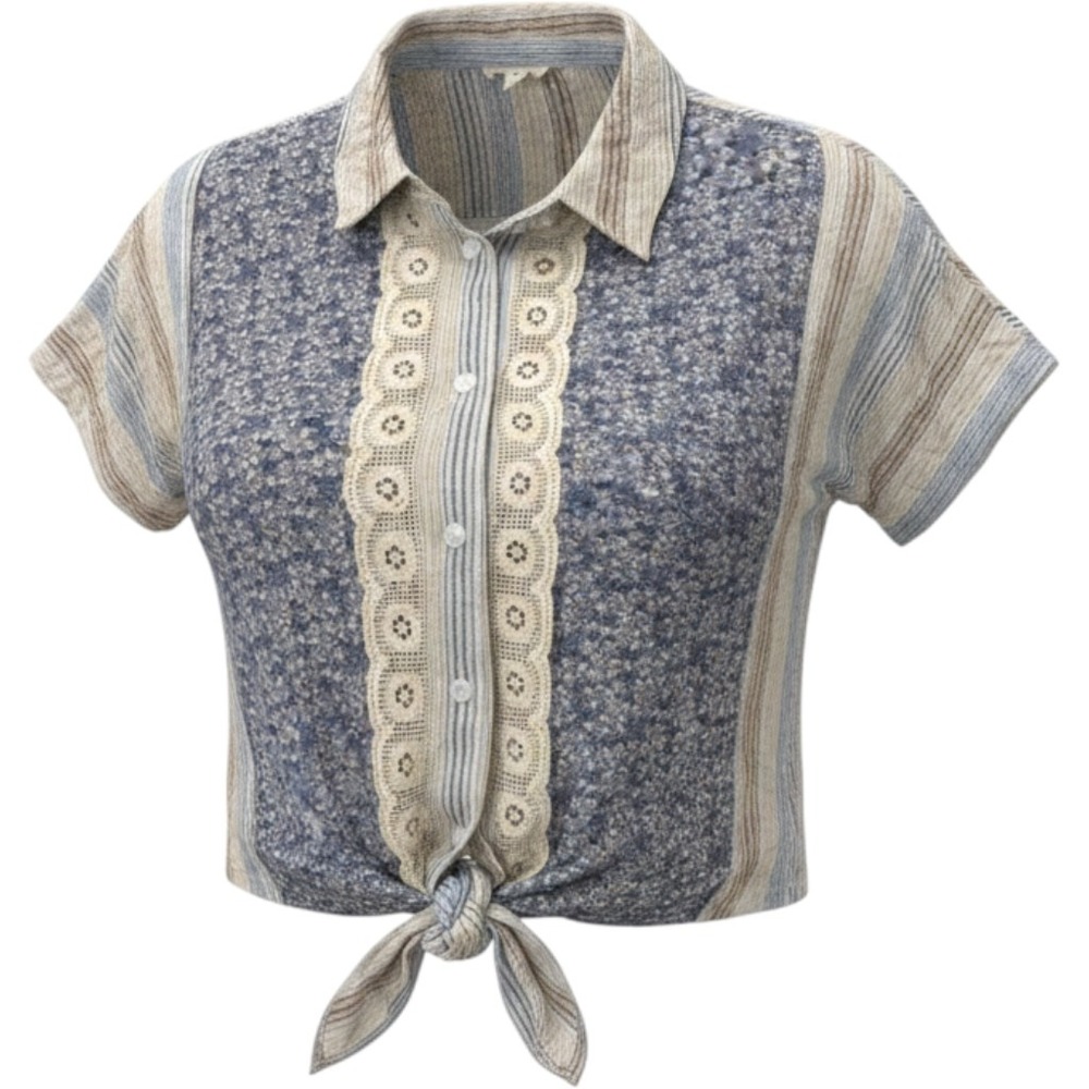 Hem & Thread Womens Blue Floral Striped Lace Trim Tie Front Crop Top Size S EUC